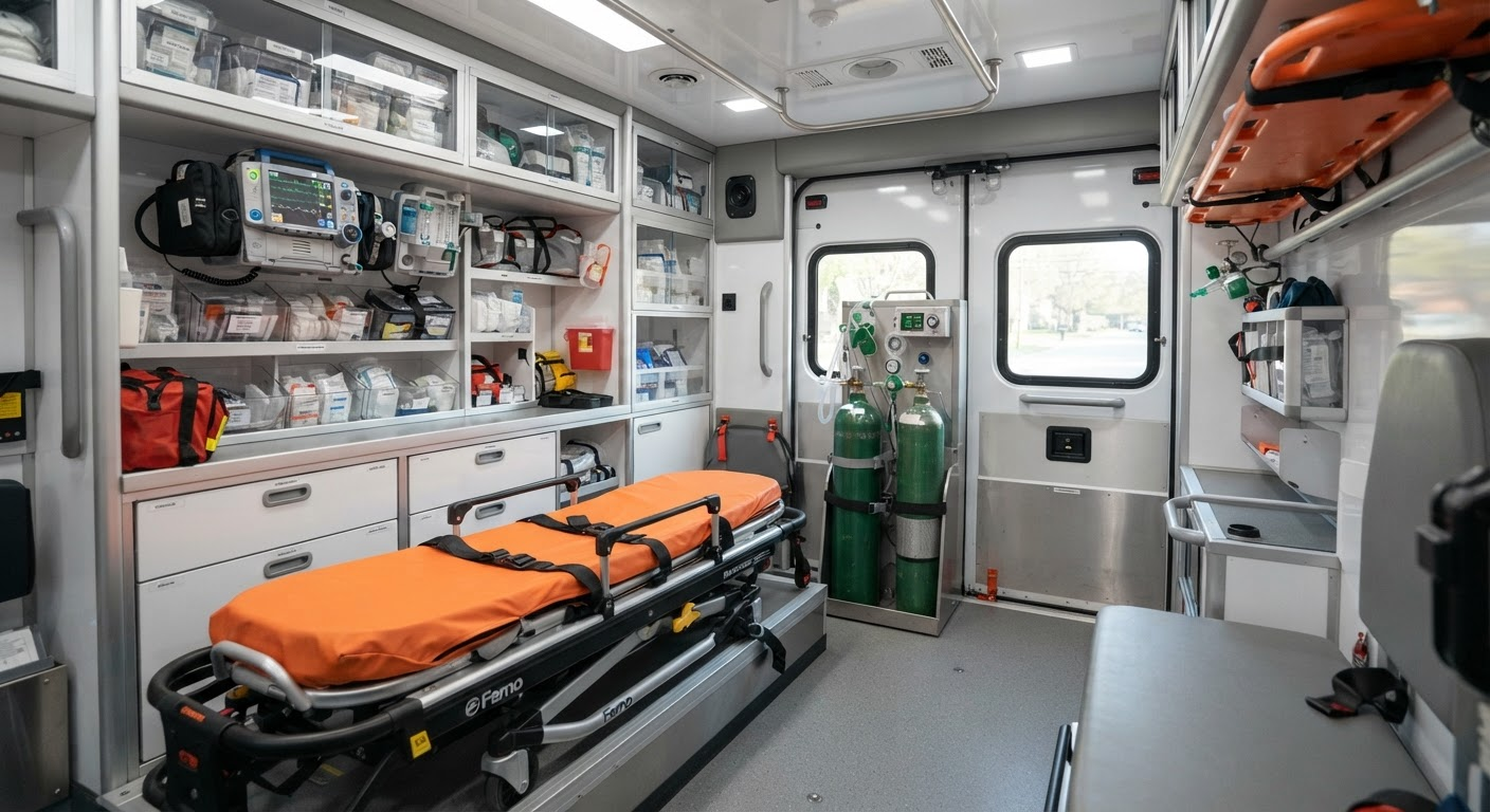 Intérieur médicalisé de l’ambulance